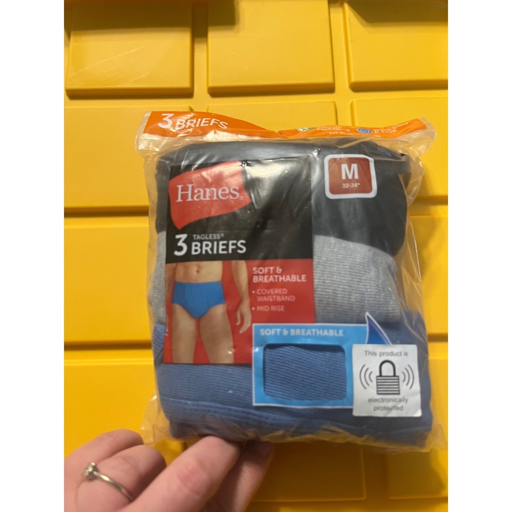 Hanes Mens Tagless Briefs 3 Pack Blue Grey Mid Rise Cotton Blend Medium 32-34